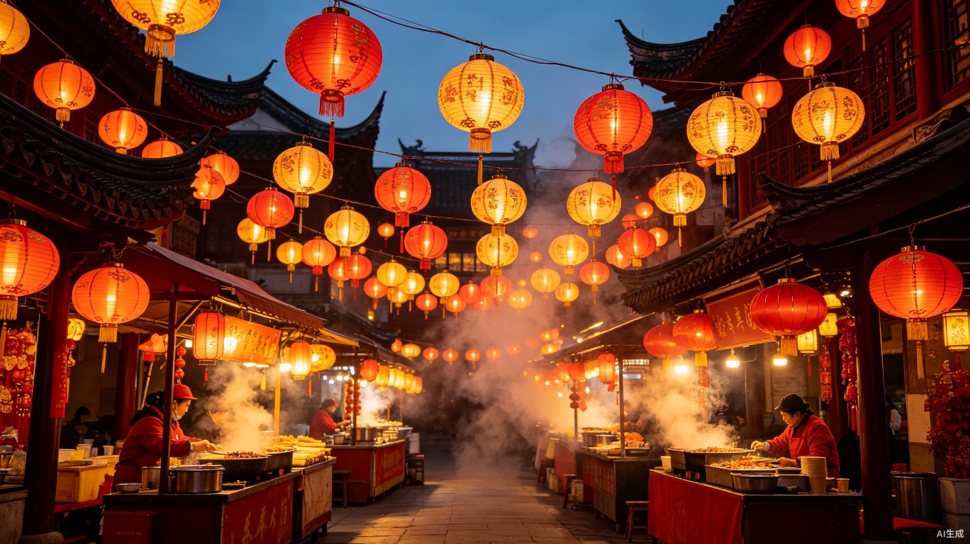 中式古镇灯笼夜市